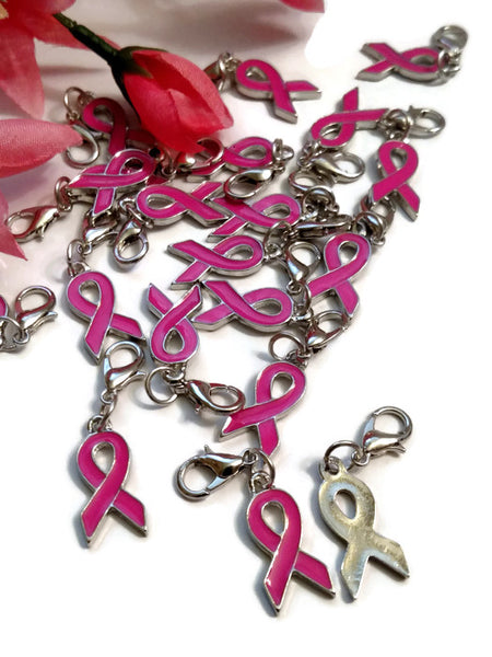 Pink Enamel Dangle Awareness Ribbon Pendant Charms - Hope Breast Cancer Survivor Jewelry Support Fight Cure Save the Tatas Pink Awareness