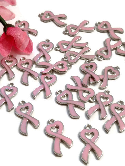 Pink Heart Breast Cancer Awareness Ribbon Enamel Pendant Charms - Hope Faith Cure Support Breast Cancer We Wear Pink Save the Tatas Charms