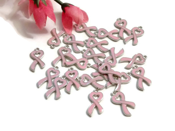 Pink Heart Breast Cancer Awareness Ribbon Enamel Pendant Charms - Hope Faith Cure Support Breast Cancer We Wear Pink Save the Tatas Charms