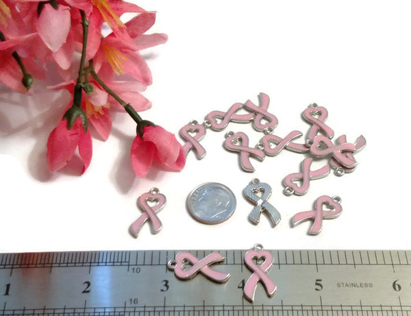 Pink Heart Breast Cancer Awareness Ribbon Enamel Pendant Charms - Hope Faith Cure Support Breast Cancer We Wear Pink Save the Tatas Charms