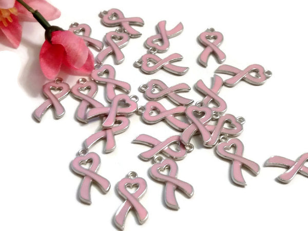 Pink Heart Breast Cancer Awareness Ribbon Enamel Pendant Charms - Hope Faith Cure Support Breast Cancer We Wear Pink Save the Tatas Charms