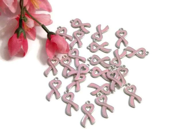 Pink Heart Breast Cancer Awareness Ribbon Enamel Pendant Charms - Hope Faith Cure Support Breast Cancer We Wear Pink Save the Tatas Charms