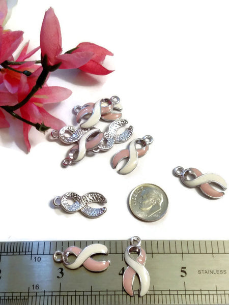 Pink & White Enamel Awareness Ribbon Pendant Charms - Hope Breast Cancer Survivor Fight Support Cure Save the Tatas DIY Charms Jewelry