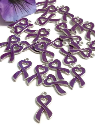 Purple Heart Awareness Ribbon Pendant Charms - Alzheimer's Dementia Lupus Epilepsy Pancreatic Cancer Fibromyalgia Hodgkin's Lymphoma Support