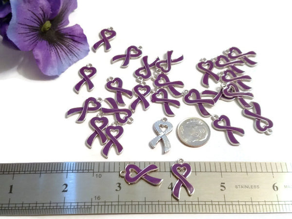 Purple Heart Awareness Ribbon Pendant Charms - Alzheimer's Dementia Lupus Epilepsy Pancreatic Cancer Fibromyalgia Hodgkin's Lymphoma Support