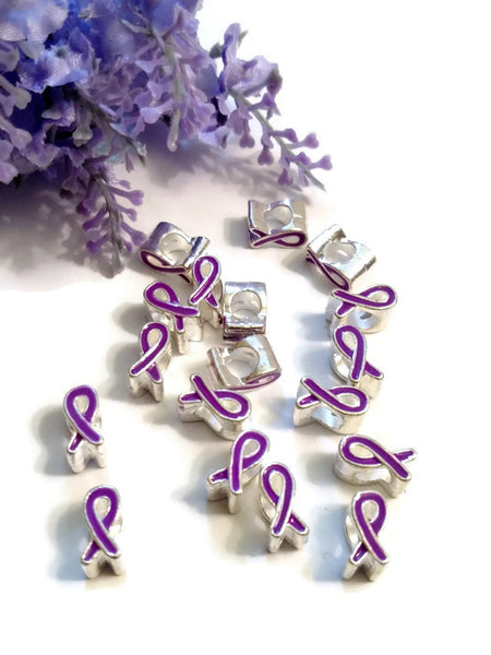 Purple Awareness Ribbon Slide Bead Charms-Alzheimer's Dementia Lupus Epilepsy Pancreatic Cancer Fibromyalgia Hodgkins Lymphoma Jewelry - 10 Pc