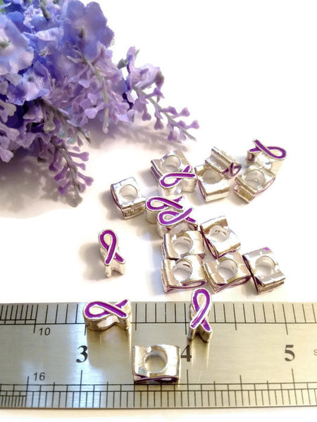 Purple Awareness Ribbon Slide Bead Charms-Alzheimer's Dementia Lupus Epilepsy Pancreatic Cancer Fibromyalgia Hodgkins Lymphoma Jewelry - 10 Pc