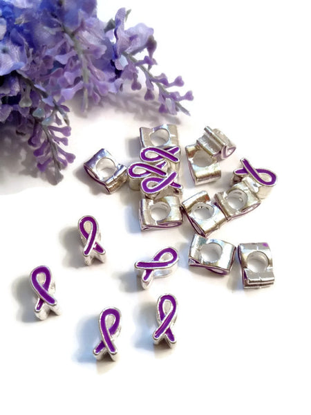 Purple Awareness Ribbon Slide Bead Charms-Alzheimer's Dementia Lupus Epilepsy Pancreatic Cancer Fibromyalgia Hodgkins Lymphoma Jewelry - 10 Pc