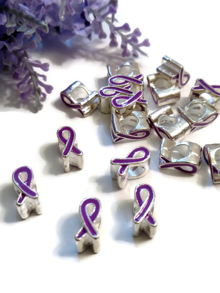 Purple Awareness Ribbon Slide Bead Charms-Alzheimer's Dementia Lupus Epilepsy Pancreatic Cancer Fibromyalgia Hodgkins Lymphoma Jewelry - 10 Pc