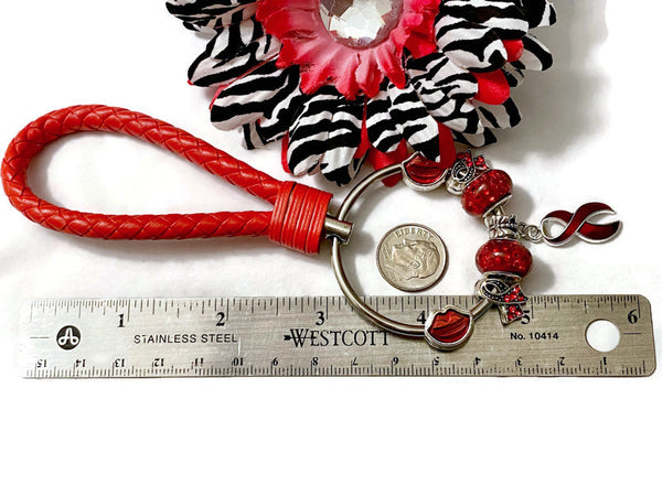 1Pc Red Awareness Bead Dangle Keychain Ring - Hope Cancer Jewelry Heart Disease HIV/AIDS Substance Abuse M.A.D.D. Red Ribbon Week Keychains