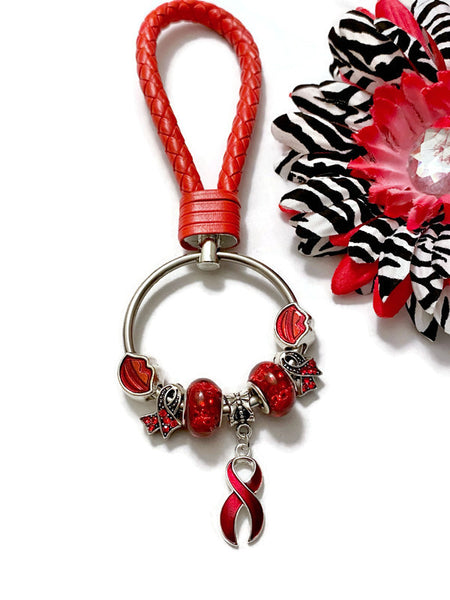 1Pc Red Awareness Bead Dangle Keychain Ring - Hope Cancer Jewelry Heart Disease HIV/AIDS Substance Abuse M.A.D.D. Red Ribbon Week Keychains