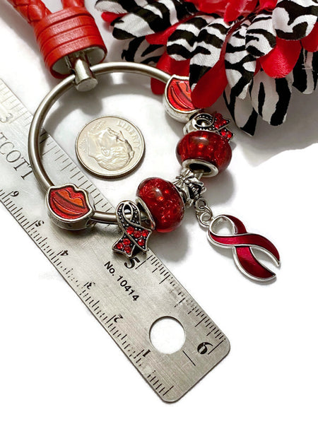 1Pc Red Awareness Bead Dangle Keychain Ring - Hope Cancer Jewelry Heart Disease HIV/AIDS Substance Abuse M.A.D.D. Red Ribbon Week Keychains