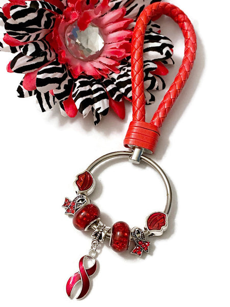 1Pc Red Awareness Bead Dangle Keychain Ring - Hope Cancer Jewelry Heart Disease HIV/AIDS Substance Abuse M.A.D.D. Red Ribbon Week Keychains