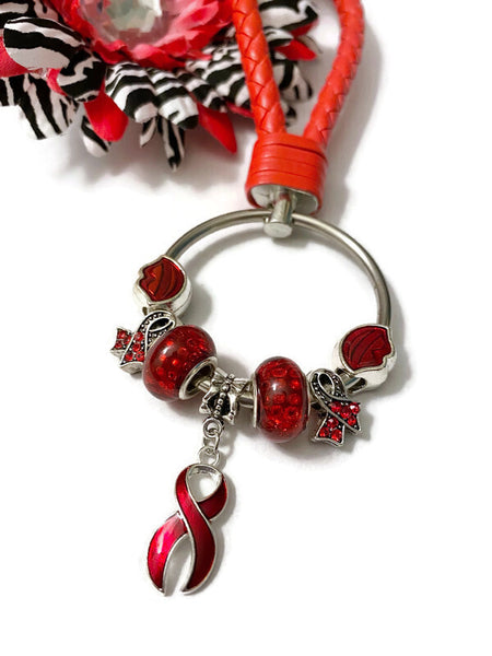 1Pc Red Awareness Bead Dangle Keychain Ring - Hope Cancer Jewelry Heart Disease HIV/AIDS Substance Abuse M.A.D.D. Red Ribbon Week Keychains