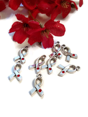 Red Crystal Awareness Ribbon Pendant Charms - Hope Cancer Jewelry Heart Disease HIV/AIDS Substance Abuse Stroke CHF Cure Support Charm