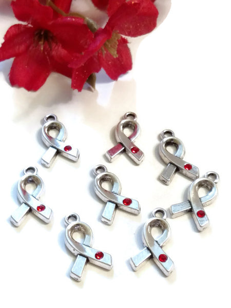 Red Crystal Awareness Ribbon Pendant Charms - Hope Cancer Jewelry Heart Disease HIV/AIDS Substance Abuse Stroke CHF Cure Support Charm