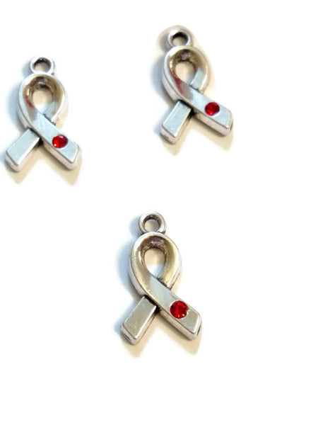 Red Crystal Awareness Ribbon Pendant Charms - Hope Cancer Jewelry Heart Disease HIV/AIDS Substance Abuse Stroke CHF Cure Support Charm