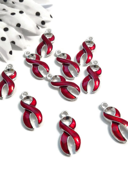 Red Awareness Ribbon Pendant Charms - Hope Cancer Jewelry Heart Disease CHF HIV/AIDS Substance Abuse M.A.D.D. Stroke Blood Cancers Support