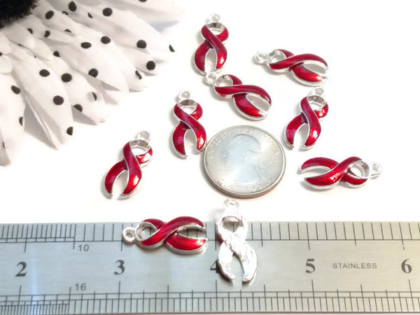 Red Awareness Ribbon Pendant Charms - Hope Cancer Jewelry Heart Disease CHF HIV/AIDS Substance Abuse M.A.D.D. Stroke Blood Cancers Support