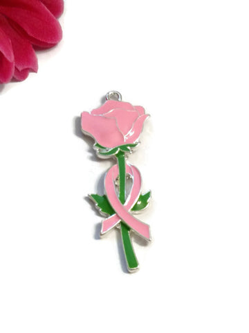 Pink Ribbon & Rose Awareness Pendant - Hope Breast Cancer Jewelry DIY Support Survivor Save the Tatas Cure Fight Awareness Jewelry - 2 Pcs