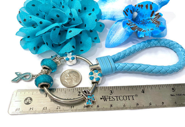 1Pc Teal/Light Blue Awareness Bead Dangle Keychain Ring- Ovarian Cancer Anti Bullying Anxiety Disorder Sexual Assault OCD Substance Abuse