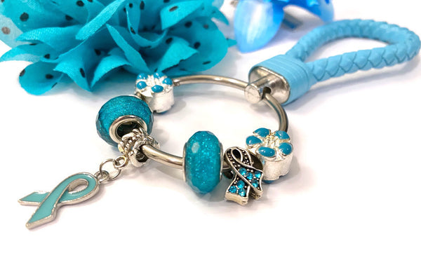 1Pc Teal/Light Blue Awareness Bead Dangle Keychain Ring- Ovarian Cancer Anti Bullying Anxiety Disorder Sexual Assault OCD Substance Abuse