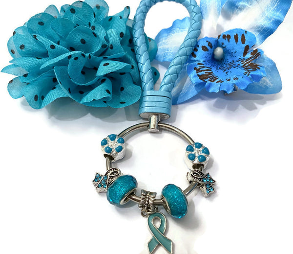 1Pc Teal/Light Blue Awareness Bead Dangle Keychain Ring- Ovarian Cancer Anti Bullying Anxiety Disorder Sexual Assault OCD Substance Abuse