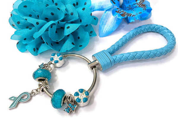 1Pc Teal/Light Blue Awareness Bead Dangle Keychain Ring- Ovarian Cancer Anti Bullying Anxiety Disorder Sexual Assault OCD Substance Abuse