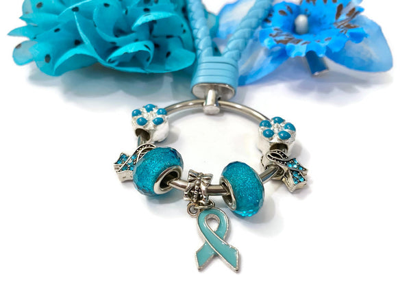 1Pc Teal/Light Blue Awareness Bead Dangle Keychain Ring- Ovarian Cancer Anti Bullying Anxiety Disorder Sexual Assault OCD Substance Abuse