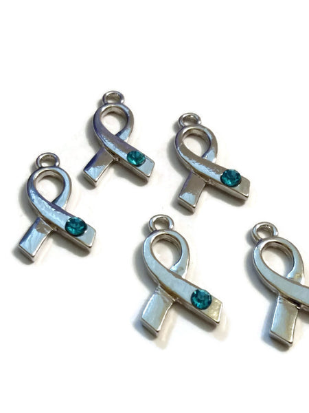 Teal Crystal Awareness Ribbon Charms - Ovarian Cancer Anti Bullying Anxiety Disorder Sexual Assault Obsessive Compulsive Substance Abuse