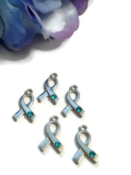 Teal Crystal Awareness Ribbon Charms - Ovarian Cancer Anti Bullying Anxiety Disorder Sexual Assault Obsessive Compulsive Substance Abuse