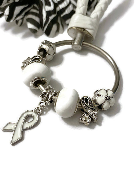 1Pc White Awareness Bead Dangle Keychain Ring - Bone Cancer Adoption Blindness Child Abuse Osteoporosis Holocaust Survivors Scoliosis