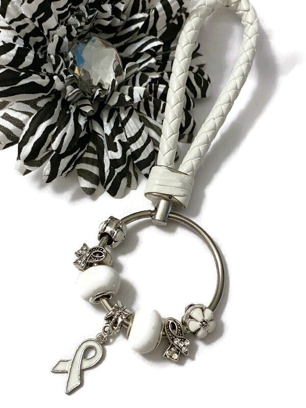 1Pc White Awareness Bead Dangle Keychain Ring - Bone Cancer Adoption Blindness Child Abuse Osteoporosis Holocaust Survivors Scoliosis