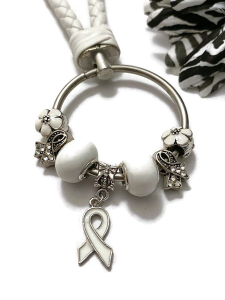 1Pc White Awareness Bead Dangle Keychain Ring - Bone Cancer Adoption Blindness Child Abuse Osteoporosis Holocaust Survivors Scoliosis