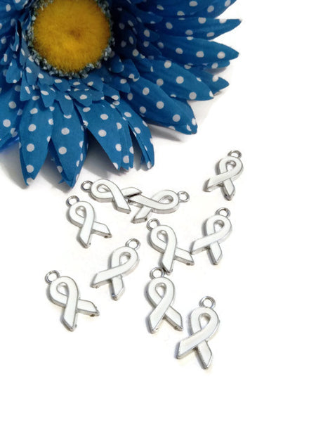 White Enamel Flat-Style Awareness Ribbon Pendant Charms - Cancer Adoption Lung Blindness Bone Child Abuse Osteoporosis Holocaust Scoliosis - Flat Style