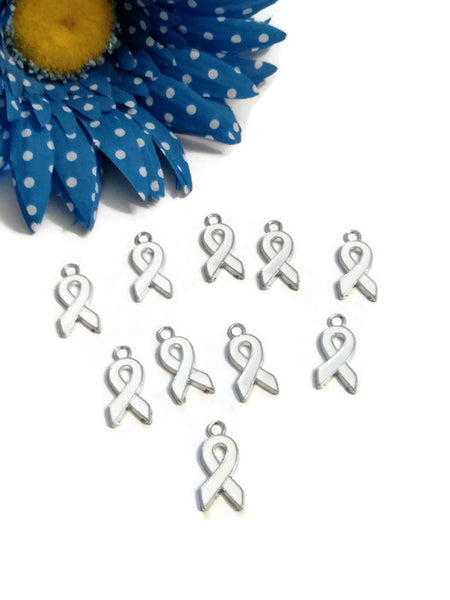 White Enamel Flat-Style Awareness Ribbon Pendant Charms - Cancer Adoption Lung Blindness Bone Child Abuse Osteoporosis Holocaust Scoliosis - Flat Style