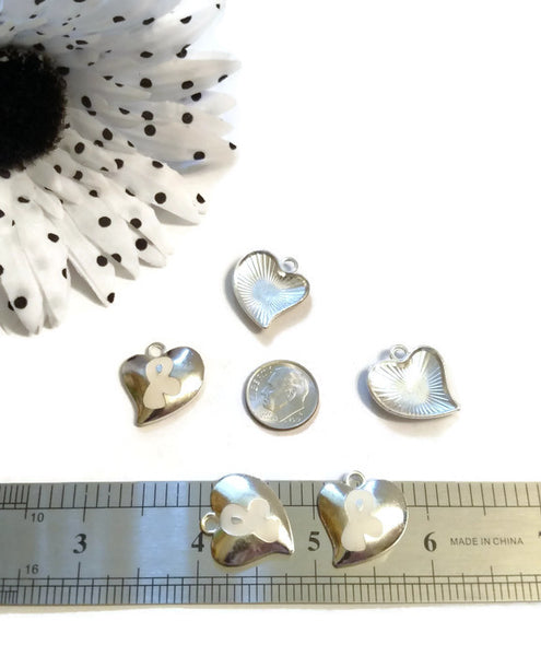 White Enamel Heart Awareness Ribbon Pendant Charms - Cancer Adoption Lung Blindness Bone Child Abuse Osteoporosis Holocaust Scoliosis - 5 Pc