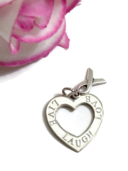 SALE Live Laugh Love Awareness White Enamel Open Heart Ribbon Pendant - 2 Pcs