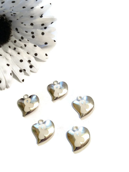 White Enamel Heart Awareness Ribbon Pendant Charms - Cancer Adoption Lung Blindness Bone Child Abuse Osteoporosis Holocaust Scoliosis - 5 Pc