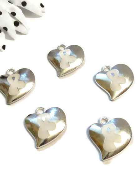 White Enamel Heart Awareness Ribbon Pendant Charms - Cancer Adoption Lung Blindness Bone Child Abuse Osteoporosis Holocaust Scoliosis - 5 Pc