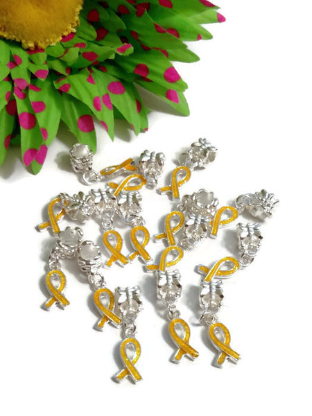 Yellow Gold Awareness Small Ribbon Dangle Pendant Charms - Childhood Cancer Support Our Troops Suicide Prevention Missing Children - Small Dangle 5 Pc