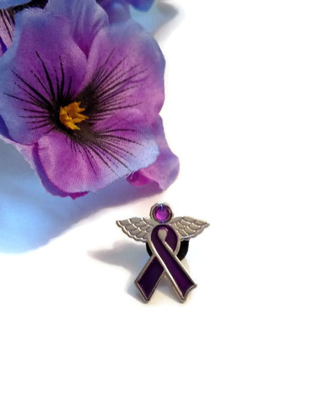 Purple Angel Ribbon Awareness Wing Pin - Alzheimer Dementia Support Cure Depression Fibromyalgia Lupus Pancreatic Cancer Hodgkin's Lymphoma