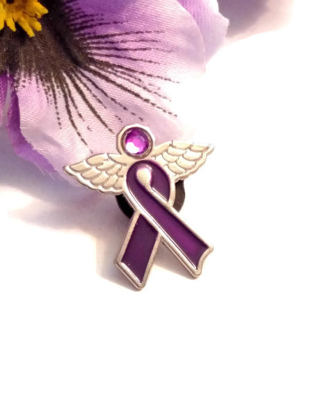 Purple Angel Ribbon Awareness Wing Pin - Alzheimer Dementia Support Cure Depression Fibromyalgia Lupus Pancreatic Cancer Hodgkin's Lymphoma