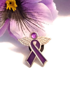 Purple Angel Ribbon Awareness Wing Pin - Alzheimer Dementia Support Cure Depression Fibromyalgia Lupus Pancreatic Cancer Hodgkin's Lymphoma