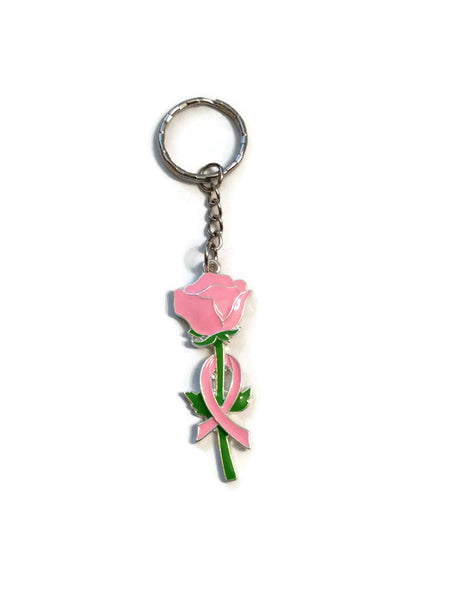 Large Pink Rose w/ Ribbon Awareness Keychain 1 Pc - Breast Cancer Awareness Support Cure Fight Survivor Save the Tatas Keychain Jewelry Cure