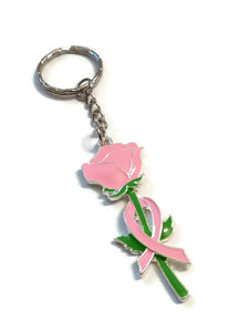 Large Pink Rose w/ Ribbon Awareness Keychain 1 Pc - Breast Cancer Awareness Support Cure Fight Survivor Save the Tatas Keychain Jewelry Cure