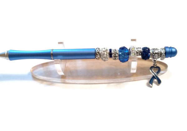 Blue Awareness Beaded Writing Pen - Ribbon Prostate Colon Cancer Men’s Health Pro Choice Awareness Thyroid Disease Spay/Neuter Pets Alopecia