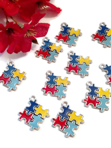 5 Pcs Autism Awareness Enamel Pendant Charms - Puzzle Inspirational Autistic Awareness Asperger's Spectrum Disorders Puzzle Piece Jewelry