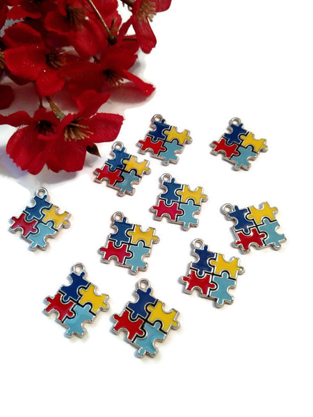 5 Pcs Autism Awareness Enamel Pendant Charms - Puzzle Inspirational Autistic Awareness Asperger's Spectrum Disorders Puzzle Piece Jewelry