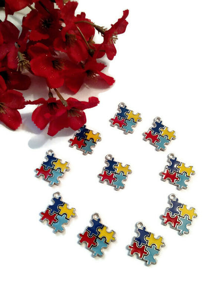 5 Pcs Autism Awareness Enamel Pendant Charms - Puzzle Inspirational Autistic Awareness Asperger's Spectrum Disorders Puzzle Piece Jewelry